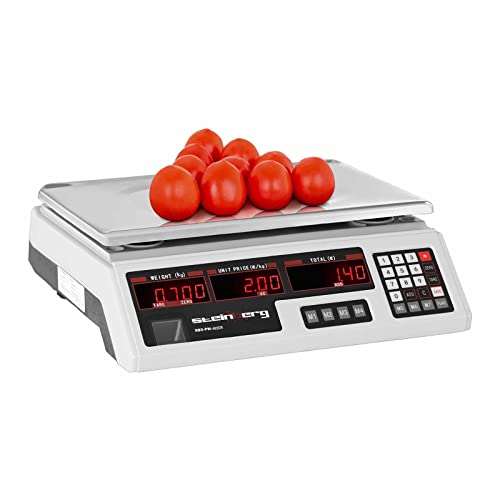 Steinberg Balance Poids-Prix Électronique Professionnelle SBS-PW-402CR (Non Homologuée, 0-40 kg, ±2 g, 33x23 Cm, 6 Écrans, 7 Espaces Mémoire, Plateau INOX)