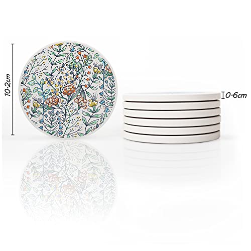 AD Set of 6 Coasters for Drinks Absorbing Round Ceramic Stone Coaster with Cork Base,Tabletop Protection Mat for Mugs and Cups,Office,Kitchen (Bontanicals)