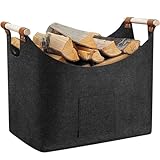 Kaminholzkorb Filzkorb für Kaminholz,Feuerholzkorb Faltbarer mit Verstärktem Holzgriff,Holzkorb für Kaminholz,Kaminholztasche für Einkauf,Holz,Zeitung Oder Brennholz,45x32x40cm,Dunkelgrau