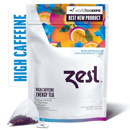 Zest 150mg High Caffeine Energy Leaf Blend - Blue Lady Black Tea - 20 Pack Bag - Hot or Iced - All Natural Strong Flavored Healthy Coffee Alternative Highly Caffeinated Substitute - Perfect for Keto