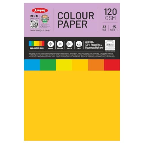 Image of Anupam 25 Sheets Colored Craft Paper A3 Size 120 GSM 5 Assorted Color Construction Paper Multi Color Card Stock Paper for Crafts, Card Making, Scrapbooking, DIY, School Supplies, Printing, Stationery
