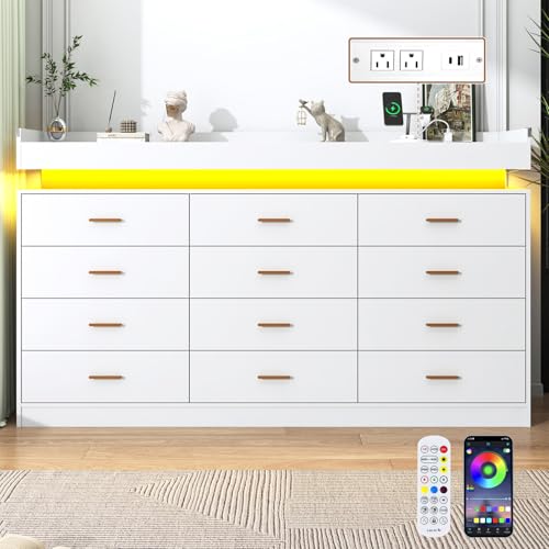 Image of jiteentarou 12 Drawer Dresser with Charging Station and LED Lights, Modern Chest of Drawers with Power Outlet, Organizer Cabinet for Bedroom, Living Room, Entryway, White