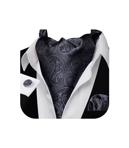 Image of Barry.Wang Ascot Ties Cravat Tie Men Paisley Plaid Scarf Self Tie Pocket Square Cufflinks Set Wedding Party
