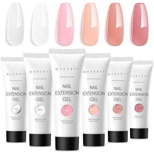 Makartt Hema-Free Poly Nail Gel Kit - 6 Neutral Colors for Extension Nails Long-Lasting Poly Nail Gel Set Natural-Looking Builder Enhancement for Salon Home Manicure DIY 15ML Clear White Nude Pink