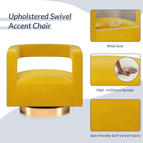 Image of BELLEZE Swivel Barrel Accent Chair Set of 2, Modern Upholstered Arm Comfy Velvet Curved Back Round Chair with Gold Base Wood Frame, 360 Degree for Living Room Bedroom Office,Yellow