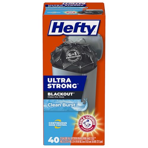 Hefty Ultra Strong 13 Gallon Trash Bags, Black Tall Kitchen Trash Bags 13 Gallon Size, Break Resistant Drawstring Enclosure, Continuous Odor Control, Blackout, Clean Burst Scent, 40 Bags by Hefty - Used condition - CA$12.81