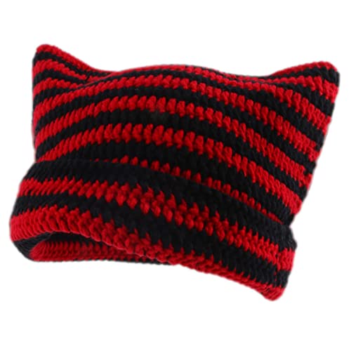 Chiusura: pieghevole Cappelli invernali da donna con orecchie di gatto morbide a righe Slouchy berretto lavorato a maglia alla moda caldo all\'uncinetto, Colore: rosso, Taglia unica