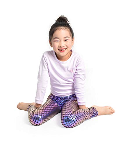 Kids Girls Shiny Metallic Leggings - Wet Look Tights/Mermaid Fish Scale Footless Long Pants For Dance Party Costume (Mermaid Purple, L) #TOP3