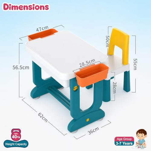 Image of JD FRESH 4 in 1 Genius Kids Study Table Set with Chair /Multifunctional Building Blocks Desk Set with 2 Side Box /Little Children Learner Activity Table /Portable Drawing Table for 3-7 Years Kids