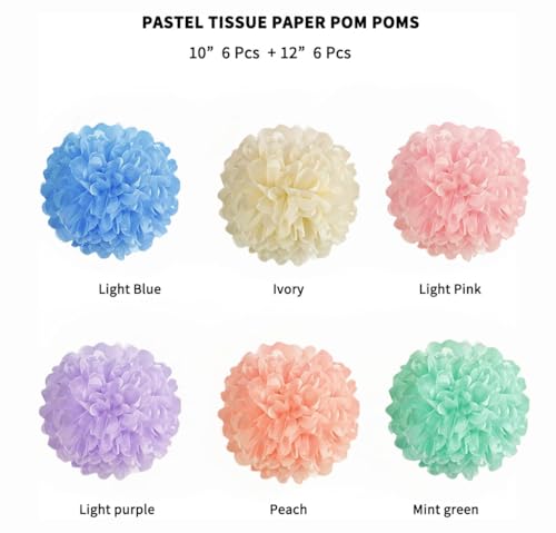 Image of 12PCS Pastel Colors Paper Tissue Pom Poms Decoration Flower Balls for Birthday Wedding Baby Shower