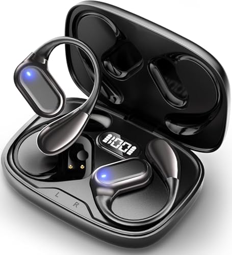 Auriculares inalámbricos Bluetooth 5.4, reducción de ruido estéreo, tiempo de reproducción de 40 horas, caja de carga de pantalla LED, auriculares de ejercicio IPX7 impermeables para correr, púrpura