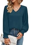 Odosalii Womens Tops, Blouses for Women UK, Long Sleeve Tops Women, Sexy V Neck Fashion Solid Relaxed Fit Blouse Tunics Shirt for Speeches Conferences Business Deep Teal