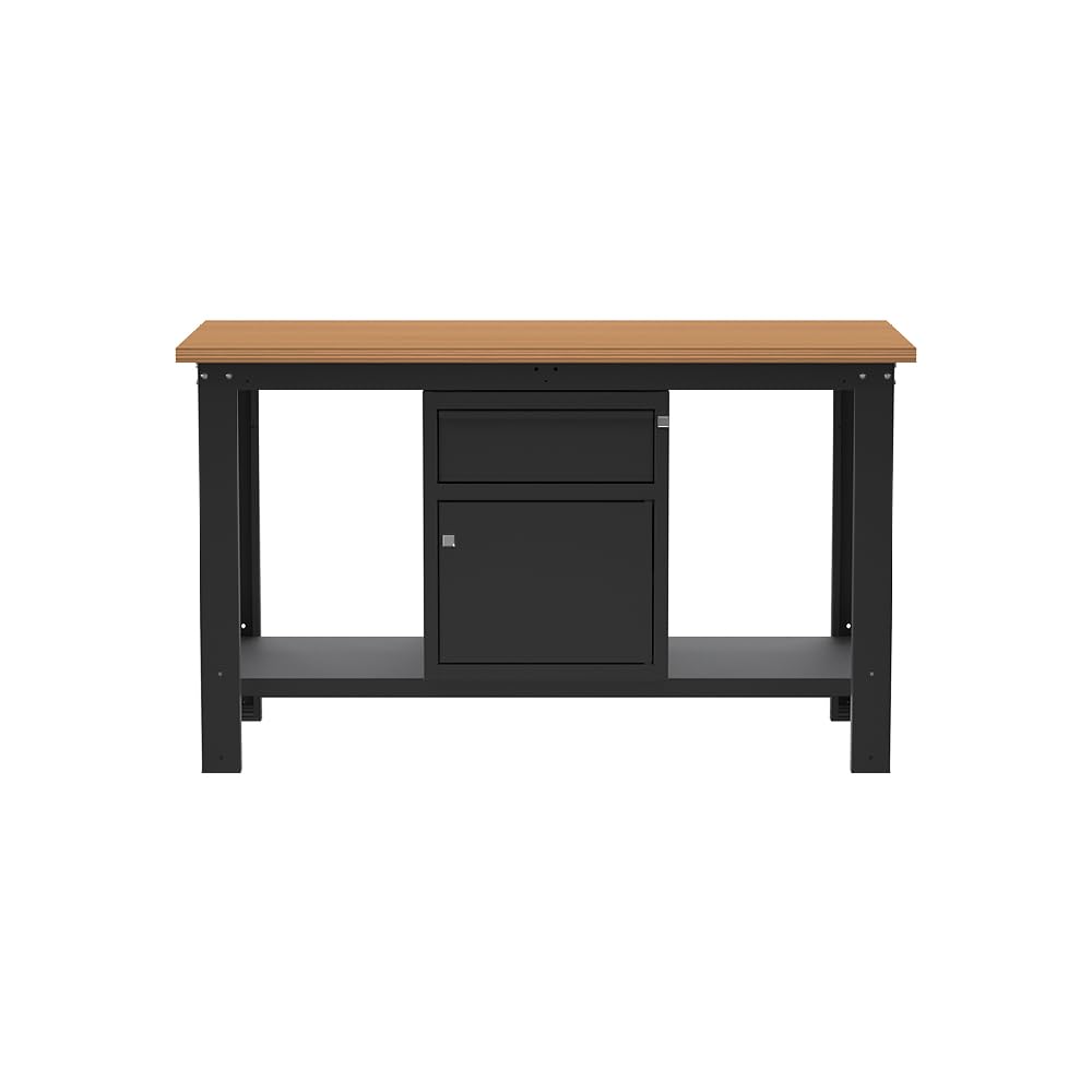 SOGI X3N_103L Werkbank - 1,5 m - Holzplatte - Schrank mit Tür und Schublade - Anthrazitgrau, Holzbock