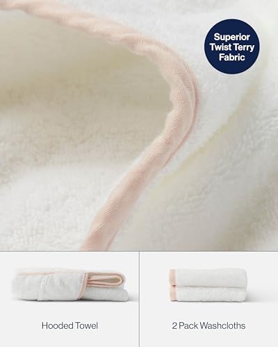 Image of Lalo The Hooded Towel & Washcloth Set, 100% Organic Cotton, Soft on Sensitive Skin, Durable & Absorbent, Machine Washable, Includes One Baby Towel and Two Washcloths - Grapefruit