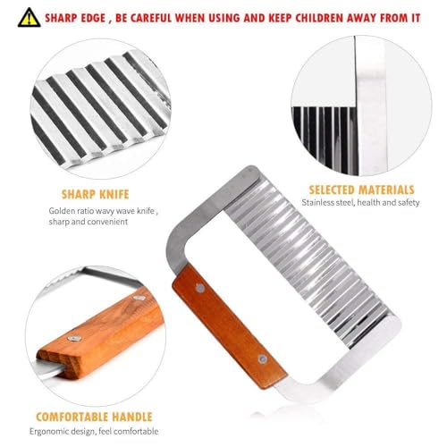 Image of Stainless Steel Wavy Blade Crinkle Cutter Knife - Vegetable & Potato Chip Slicer with Durable Nylon Handle - French Fry Cutter, Fruit, Salad, and Garnish Making Tool for Kitchen (Wood Brown)