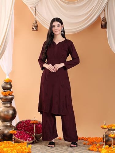 Image of POSHAK CHIKAN STUDIO Women's Hand Embroidered Lucknowi Chikankari Rayon Co-ord Set