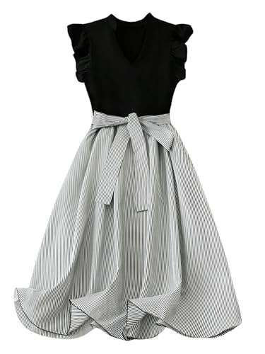 SOLY HUX Women's Plus Size Striped Dress V Neck Ruffle Cap Sleeve A Line Flowy Belted Summer Short Dresses
