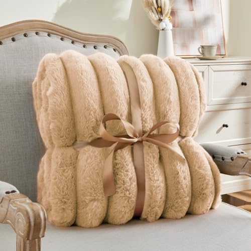 Image of BEDELITE Faux Fur Throw Blanket for Couch, 770GSM, 50 inch x 60 inch, Brown | Soft and Cozy Luxurious 3D Striped Fluffy Blanket, Warm Plush Fuzzy Faux Rabbit Fur for Women Gift, Stylish Room Decor