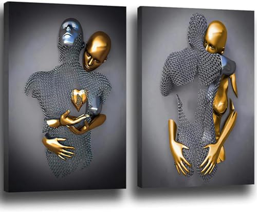 Póster abstracto de amor en pareja con efecto estatua de metal 3D, set de 2 lienzos de 30x40 cm.
