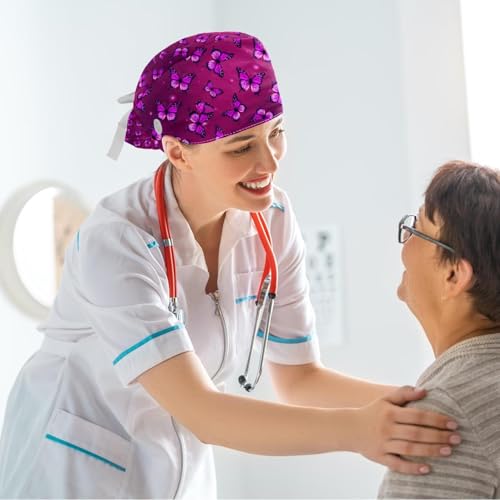 Image of Colored Butterflies Scrub Caps Women Ponytail, Adjustable Bouffant Surgical Caps with Button, Nurse Hats Long Hair