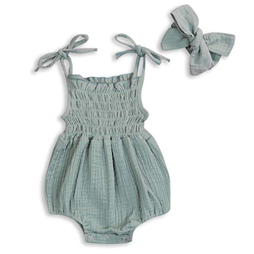 Image of KCSLLCA Baby Girls Sleeveless Romper Set Sling Backless Jumpsuit Outfits with Headband