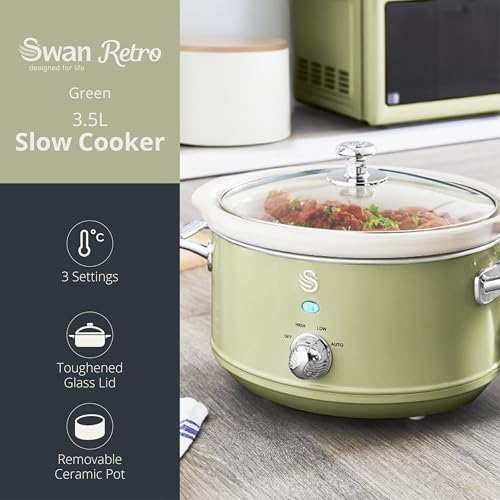 Swan Retro SF17021GN Olla Cocción Lenta 3,5L Recipiente Extraíble, Antiadherente Cerámica libre PFOA y PTFE, 3 Niveles Temperatura, Tapa Vidrio, Slow Cooker, Diseño Vintage, Verde, 200W - imagen 3