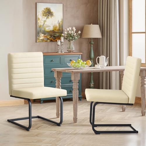 Furniliving Dining Chairs Set of 2, Modern Upholstered Faux Leather Kitchen Chairs with Steel Legs, High Back, Armless Chairs for Dining Room, Kitchen Island, Beige