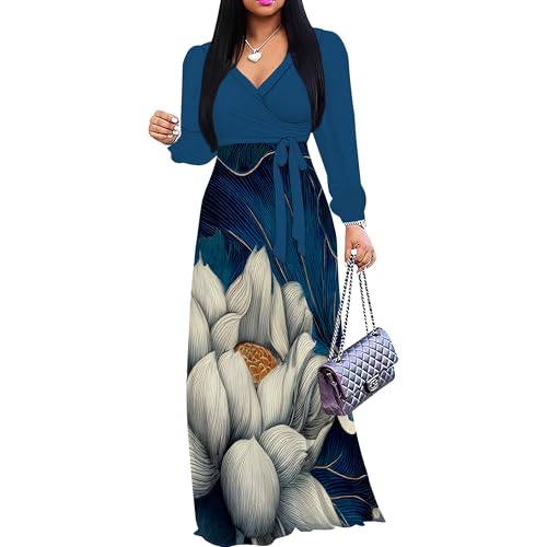 Image of PinkPatty Plus Size Dresses for Curvy Women V Neck Flowy Long Sleeves Wrap Maxi Dress Travel Vacation Outfits