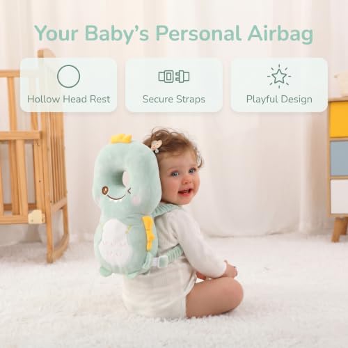 Image of Baby Head Protector Backpack - Soft & Lightweight Fall Cushion Backpack for Toddlers Walking and Crawling (Dark Green Dinosaur)