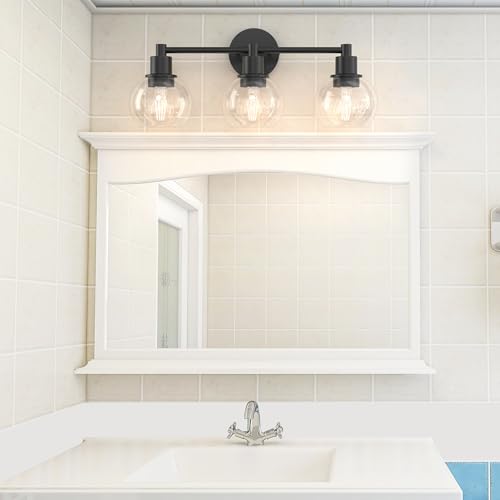 Image of 3 Lights Bathroom Vanity Light Fixtures Black, Bathroom Lights Over Mirror, Industrial and Farmhouse 3 Lights Wall Sconce, Matte Black Globe Vanity Lighting Fixtures