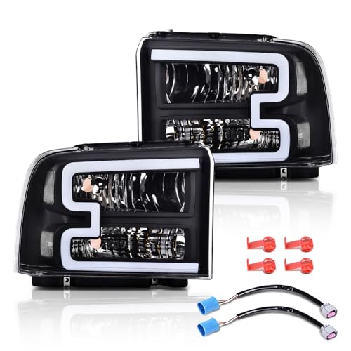 Image of GRAND ORANGE LED DRL Headlight Assembly Compatible with Ford Excursion 05 /Fit Ford F250 F350 F450 F550 Super Duty 05-07 HeadLamps LH & RH Clear lens Black Housing White Reflector Headlights FO2503217
