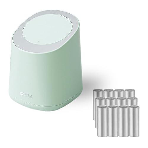 PANDENNER Mini bote de basura para encimera con 12 rollos de bolsas de basura, bote de basura con tapa tipo prensa, papelera de escritorio aplicable