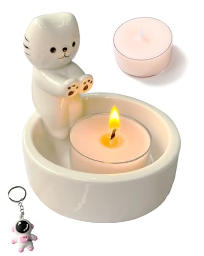 Cat Candle Holder, Cute Cartoon Kitten Scented Candles Candle Lamp, Handmade Ceramic Candlestick,Cartoon Cute Scented Candle Sticks Holder Decor, Gift for Cat Lover - Aromatherapy Candle Included