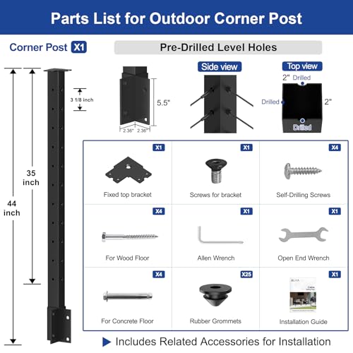 Image of BLIKA 36 inch Side Mount Outside Corner Post, Stainless Steel, 3-Side Drilled Fascia Mount Post for Cable Railing Kit, Black Powder Coated Side Mount Outer Corner Post