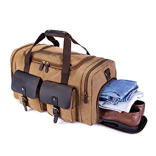 SUVOM Canvas Duffle Bag Leather Weekend Bag Carry On Travel Bag Luggage Oversized Holdalls for Men and Women(Coffee)