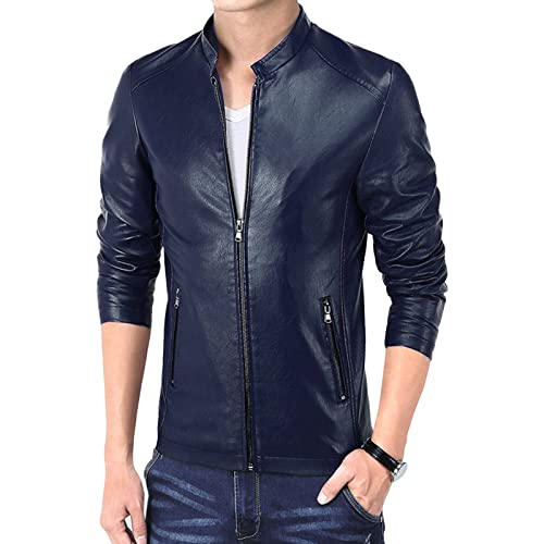 Maiyifu-GJ Men Casual Faux Leather Biker Jacket Stylish Stand Collar Bomber Jackets PU Leather Lightweight Motorcycle Coats (Blue,4X-Large)