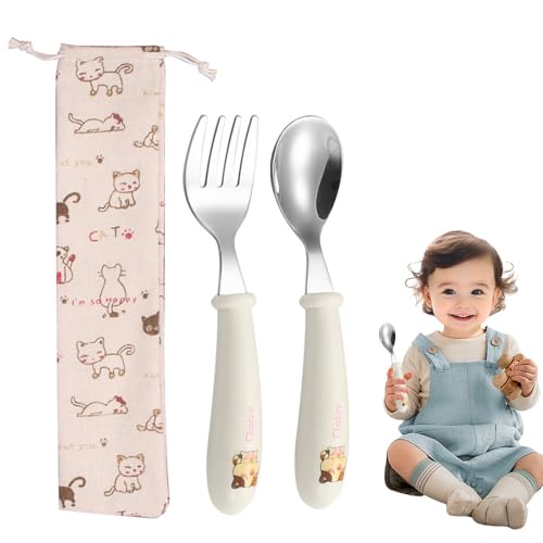 GHPKOTW 2 Kinderbesteck Katze, 1 Beutel mit Kordel, Baby Besteck Set, Esslernbesteck ab 1 Jahr, Edelstahl Kinderbesteck, Anti-Choke-Design, für Baby und Kleinkind
