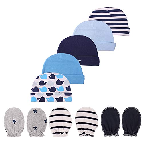 Image of Newborn Baby Soft Cotton Organic Cap and Mitten Set Sunny Hatsfor Hospital Baby Boy and Girl(0-6 Months)