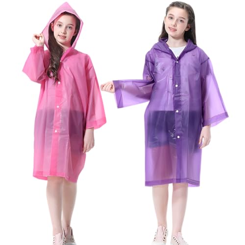 Rain Ponchos Raincoats for Kids, 2 Packs Rain Coats Jacket Reusable with Hood for Boys Girls Disney Hiking Camping Outdoor (US, Alpha, One Size, Regular, 1 Purple+1 Pink)