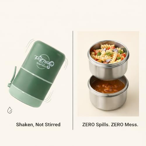 Image of Insulated Stackable Bento Box, 304 Stainless Steel Leak-Proof Thermal Lunch Pot with Foldable Spoon, 780ML Double-Layer Food Flask for Work & School - Green