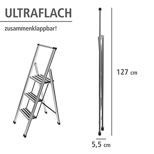 WENKO Leichte Aluminium Trittleiter mit 3 Stufen für 75 cm höheren Stand, rutschsichere XXL-Stufen, Design Klapptrittleiter, TÜV Süd zertifiziert, 44 x 127 x 5,5 cm, Silber matt - Image 6