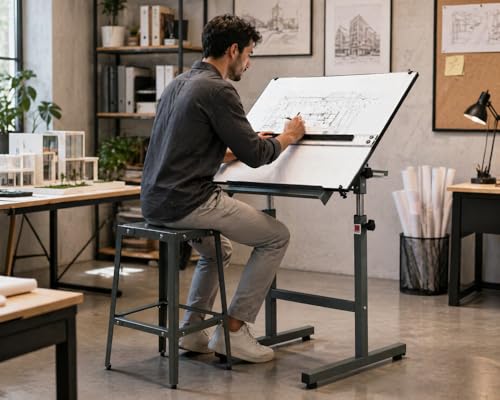 Image of Isomars A1 Adjustable Drafting Table with Parallel Motion Scale, Height Adjustable 35 inch to 47 inch, 180 Tilting Drawing Board, Professional Drafting Desk for Architects, Engineers, Artists & Designers