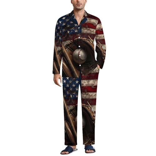 USA Flag Baseball Bat And Ball Print Men Pajamas Set Sleepwear Long Sleeve Pajama Tops And Pants Loungewear PJS
