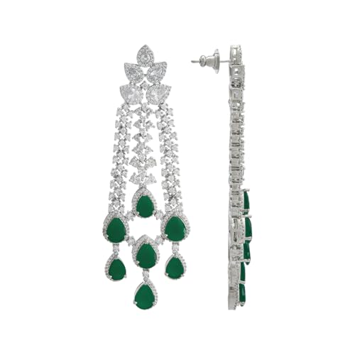 Image of KUSHAL'S Fashion Jewellery Green Rodium Polished Zircon Necklace Set With Adjustable Chain & Push Back Earrings| Best For Bride, Bridemaids & Special Occasion | Necklace set For Women - 434757