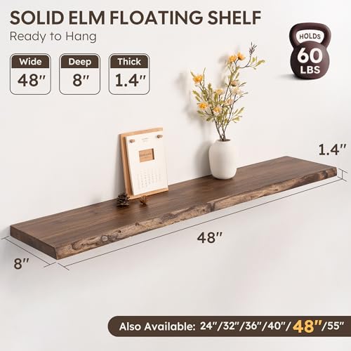 Image of 48 inch Live Edge Floating Shelves, Solid Elm Wood, Vintage