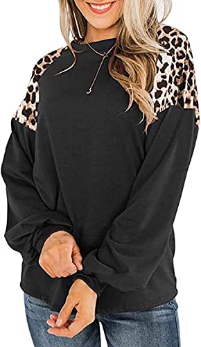 Ranphee Jersey Largo para Mujer Mangas Largas Elegante Leopardo Patchwork Cuello Redondo Moda Casual Tops Ropa de Otoño e Invierno Negro L Cover
