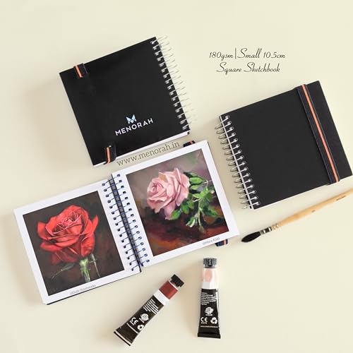 MENORAH - Artist Sketchbook - Square- 180gsm - Size (10.5 x 10.5 cm) Pack of 2 - Small Travel Size Sketch Book- 100 Pages/50 Sheets - Watercolor, Hard Metal Spiral Bound - Art Book (Black)