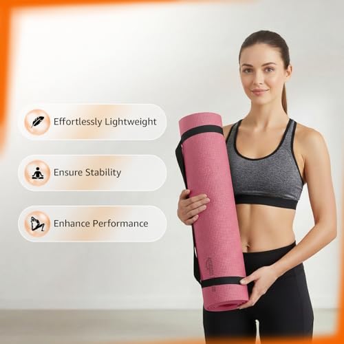 Image of Amazon Basics PVC Yoga & Exercise Mat with Carrying Strap | 6 mm Thick | Non-Slip Textured Surface | Lightweight & Durable | Floor Protection | Ideal for Yoga, Pilates & Workouts | Pink