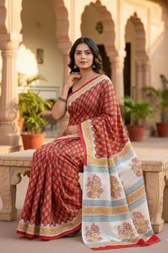 Image of Mulmul Cotton Saree for Women with Blouse Piece | Ajark Sarees | Hand Block Prints Sari | Bagru Print | Soft Mul Cotton Sadi