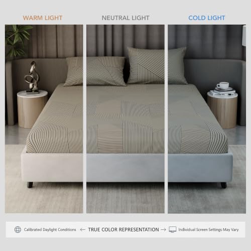 Image of BLISSHOME Everlast 150TC King Size Fitted Bedsheet with 2 Pillow Covers, Aesthetic Bedding, Wrinkle Resistant, 100+ Wash Durable, Quick Dry, Geometric Pattern - Beige (183cm x 198cm + 25cm Drop)